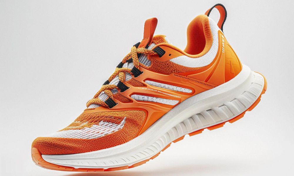 Vibrant Orange Running Shoe Displayed Against a Clean White Background in a Studio Setting