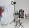 Woman preparing clothes on ghost mannequin for photography in photo studio