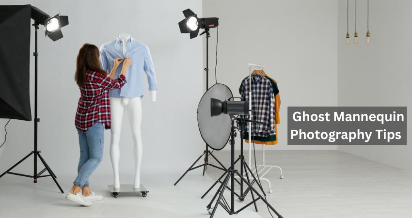 Woman preparing clothes on ghost mannequin for photography in photo studio