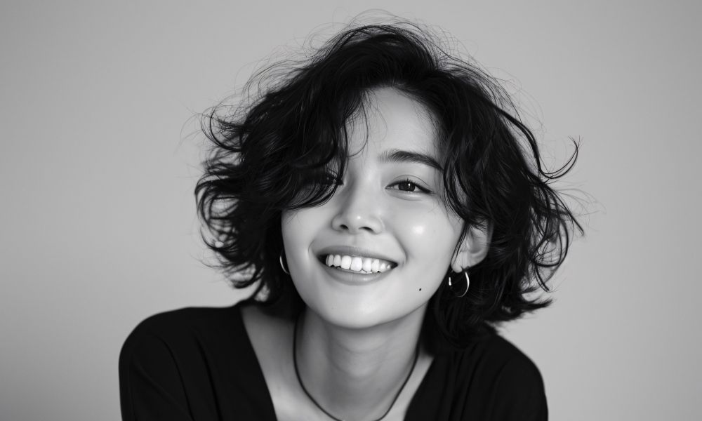 black and white portrait photo of a smiling women