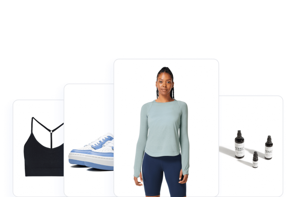 Collage of product images including a black sports bra, white and blue sneakers, a woman modeling activewear, and skincare dropper bottles, all on white backgrounds