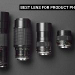 Five camera lenses of different sizes on a dark surface, with text "BEST LENS FOR PRODUCT PHOTOGRAPHY"