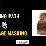 Graphic comparing CLIPPING PATH and IMAGE MASKING with a white "VS", with a brown knitted beanie on the right