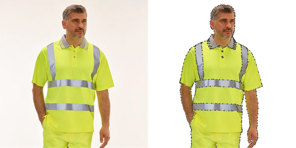 A "before and after" image shows a man wearing a bright yellow high-visibility polo shirt with reflective stripes. The "before" on the left shows him against a light background, and the "after" on the right shows him with a detailed clipping path around his outline, suggesting background removal