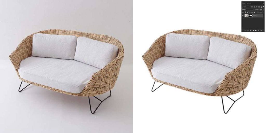Wicker loveseat with white cushions, shown before and after background removal using a layer mask