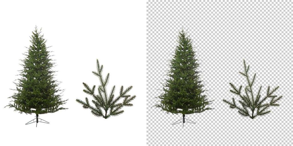Two artificial Christmas trees shown side by side, with the right image displaying a transparent background for object masking