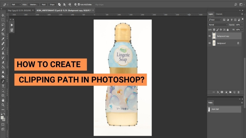 Photoshop screenshot demonstrating a clipping path around a "Lingerie Soap" bottle, with text "HOW TO CREATE CLIPPING PATH IN PHOTOSHOP?"