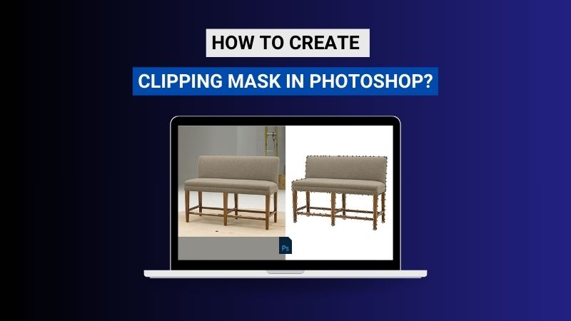 Laptop showing a Photoshop tutorial on clipping masks, displaying an original and clipped image of a brown bench