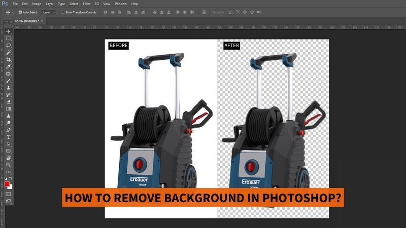 Photoshop screen showing "BEFORE" and "AFTER" images of a pressure washer with its background removed, with text HOW TO REMOVE BACKGROUND IN PHOTOSHOP?