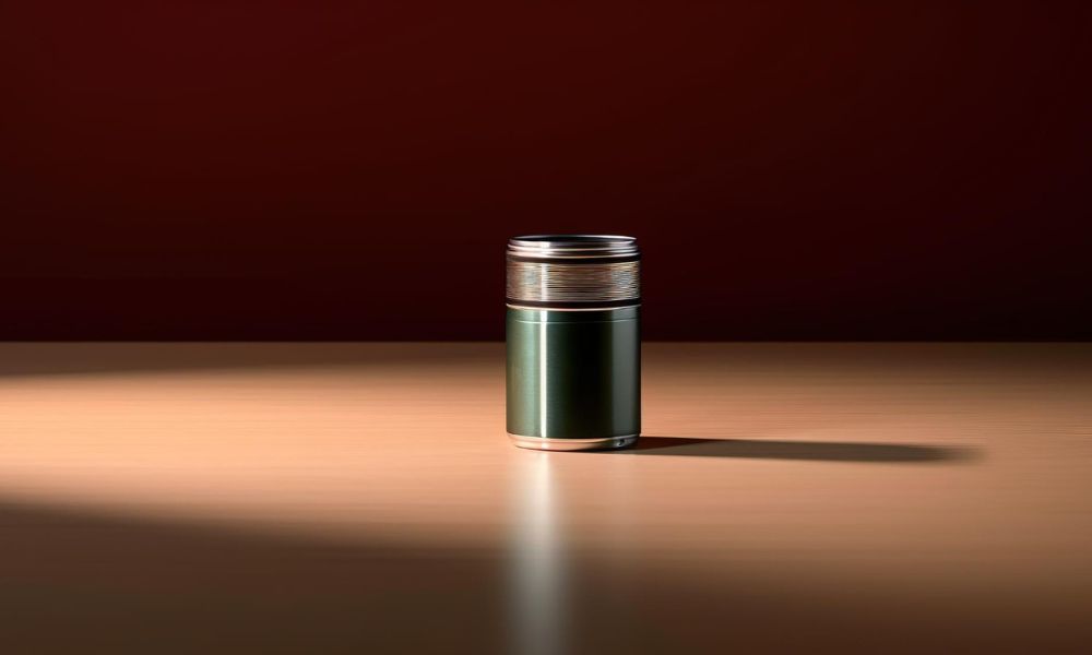 A sleek, cylindrical product, dark green with a metallic top featuring horizontal ridges, stands upright on a light wooden surface against a deep red background, with a sharp shadow cast to its right