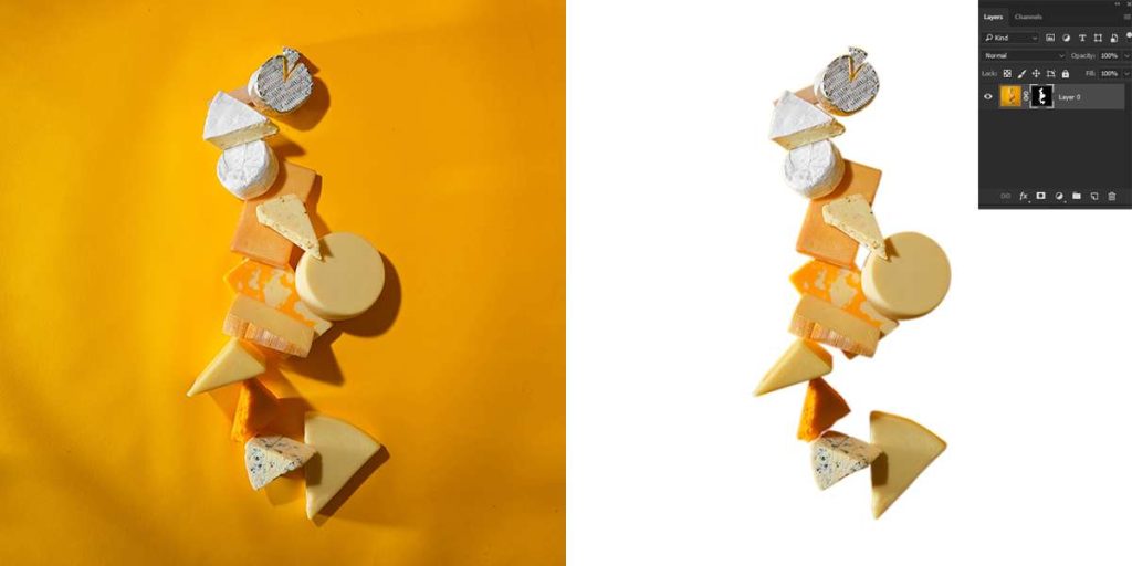 Various types of cheese stacked vertically on a yellow background on the left, and the same cheese stack isolated on a white background using a layer mask on the right