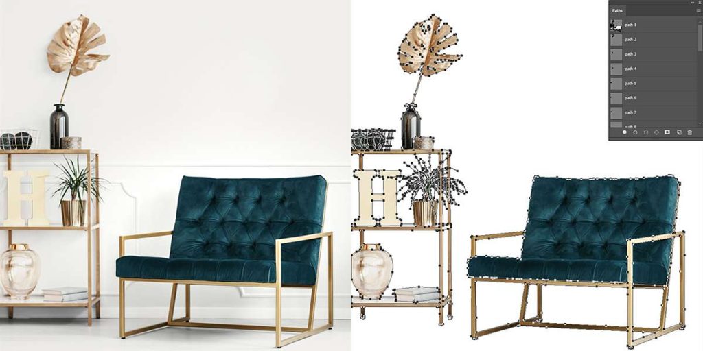 Interior scene with a blue armchair and shelf on the left, and a cut-out version of the same objects with visible clipping paths on the right