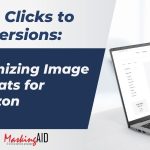 Promotional banner showing a laptop with an Amazon-style product page featuring a red dress, alongside text that reads 'From Clicks to Conversions: Optimizing Image Formats for Amazon' with the MaskingAID logo below