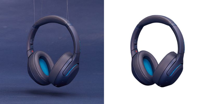 Dark blue over-ear headphone against a blue background on the left, and the same headphone isolated on a white background on the right, showing background removal