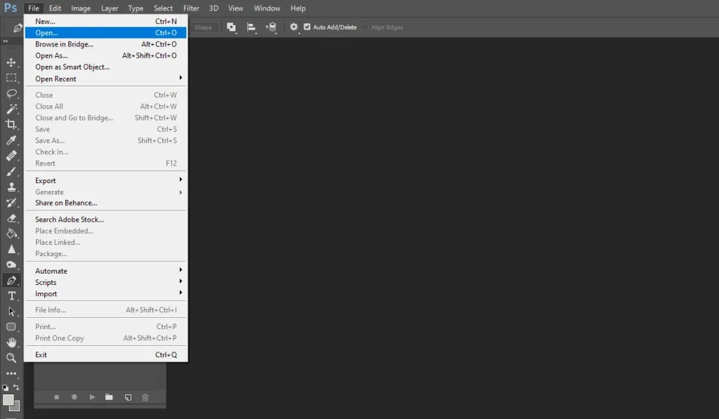 A screenshot of Adobe Photoshop shows the "File" menu dropped down, with "Open..." highlighted, against a dark grey workspace