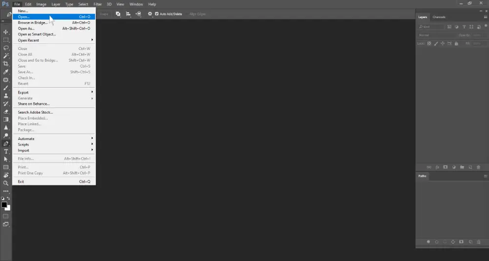 A Photoshop screenshot shows a dark grey workspace. The "File" menu is open, with the "Open..." option highlighted and its keyboard shortcut "Ctrl+O" displayed next to it
