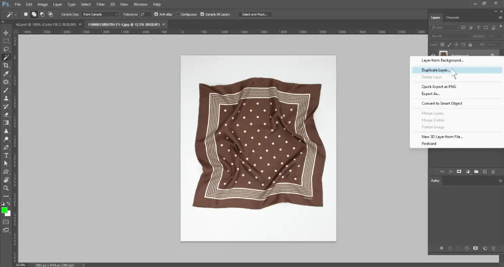 Screenshot of Adobe Photoshop showing a brown polka-dotted scarf on a white background