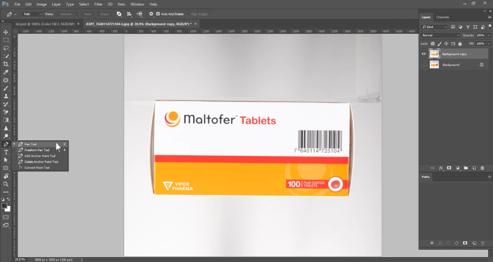 A Photoshop screenshot displays a white and orange box of "Maltofer Tablets" on a white background. A dropdown menu from the toolbar on the left shows "Pen Tool," "Freeform Pen Tool," "Add Anchor Point Tool," "Delete Anchor Point Tool," and "Convert Point Tool," with "Pen Tool" highlighted. The layers panel on the right shows "Background copy" and "Background" layers