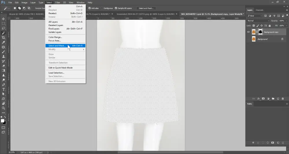 Screenshot of Adobe Photoshop with the “Select and Mask” option highlighted under the “Select” menu