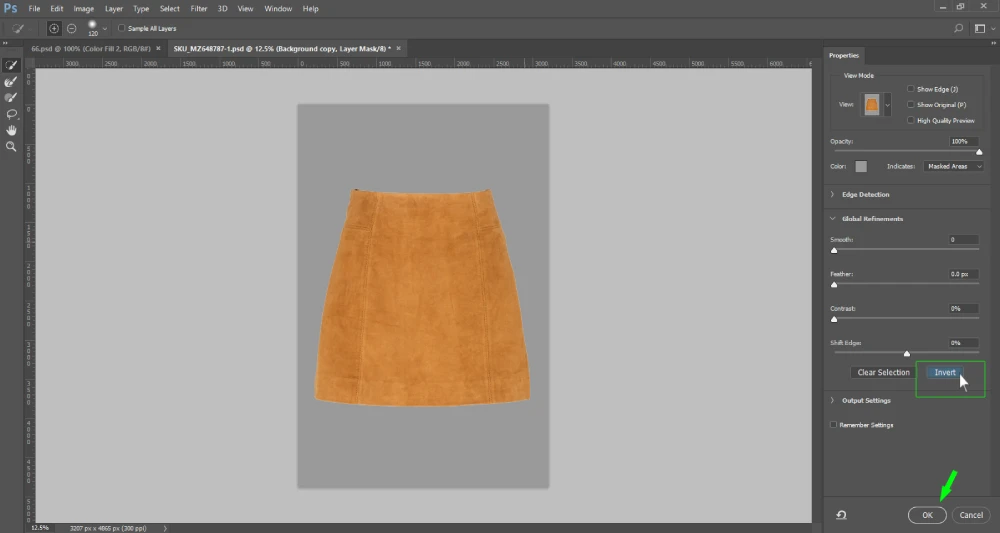Screenshot of Adobe Photoshop showing the “Select and Mask” workspace. An orange skirt is centered on a gray background