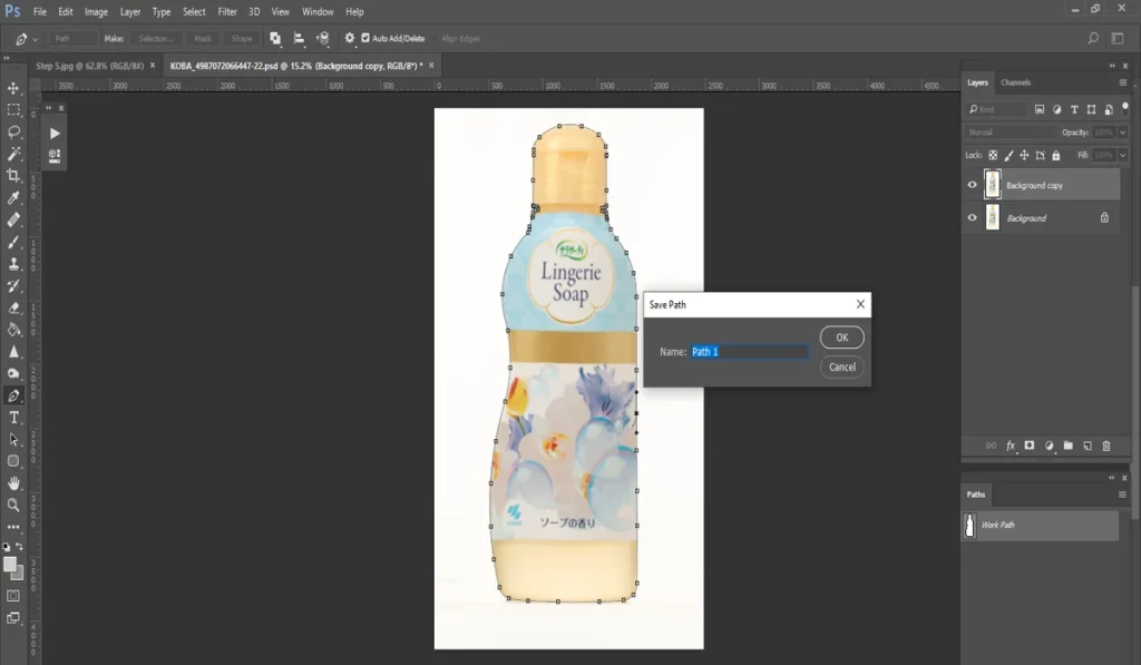 A screenshot of Adobe Photoshop shows a bottle of "Lingerie Soap" with a floral design on a white background, and a "Save Path" dialog box open, prompting to name "Path 1