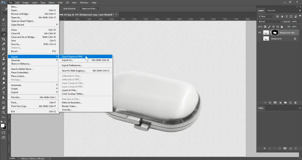 A Photoshop screenshot displays a metallic, oval-shaped object, possibly a pill case, isolated on a transparent background. A dropdown menu is open from the "File" menu, with "Export" highlighted. A sub-menu to the right of "Export" is also open, with "Quick Export as PNG" highlighted. The layers panel on the right shows the object on a "Background copy" layer with a layer mask.