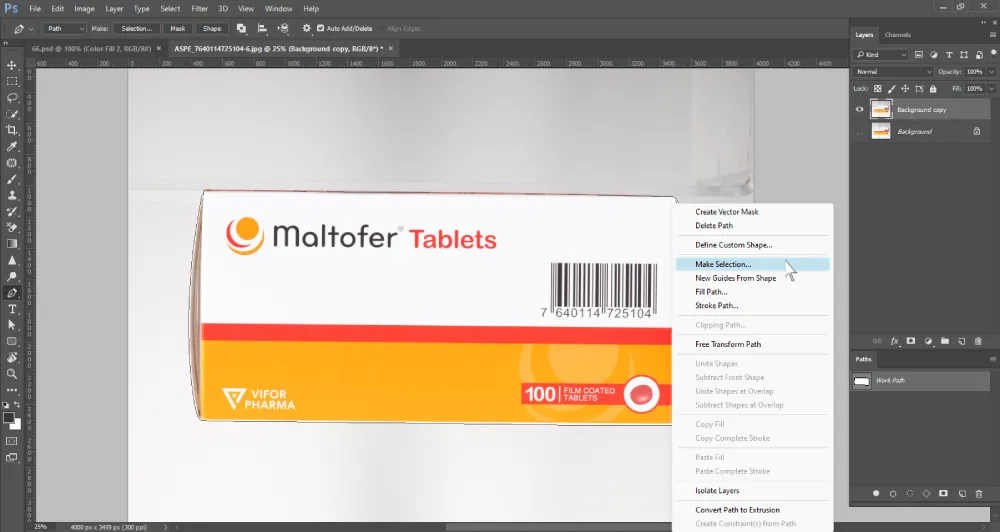 A Photoshop screenshot displays a white and orange box of "Maltofer Tablets" with a barcode, fully enclosed by a path. A contextual menu is open to the right of the image, with "Make Selection..." highlighted. This menu offers various options for working with paths. The "Paths" panel on the right shows "Work Path" listed, and the layers panel shows "Background copy" and "Background" layers
