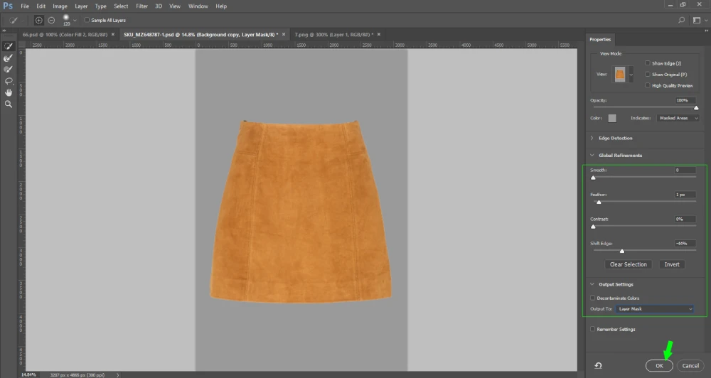 Screenshot of Adobe Photoshop’s “Select and Mask” workspace with an orange skirt centered on a gray background