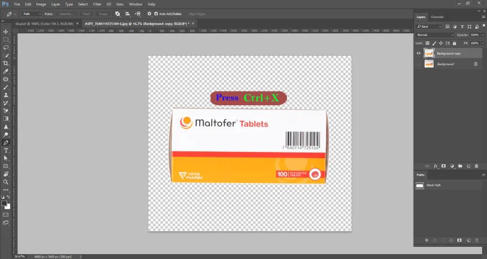 A Photoshop screenshot displays a white and orange box of "Maltofer Tablets" with a barcode, now isolated on a transparent background (indicated by the checkerboard pattern). An instruction "Press Ctrl+X" is overlaid in red and green text above the box. The "Paths" panel on the right shows "Work Path" listed, and the layers panel shows "Background copy" and "Background" layers.
