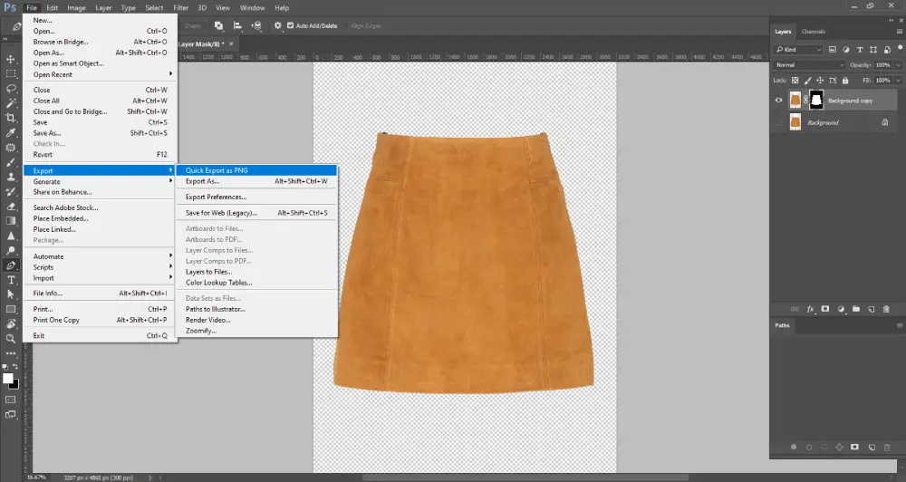 Screenshot of Adobe Photoshop with an orange skirt image centered on a transparent background. The “File” menu is open, and the “Export” submenu is expanded, highlighting the “Quick Export as PNG” option in blue. The Layers panel on the right shows a masked layer titled "Background copy" above the original background layer