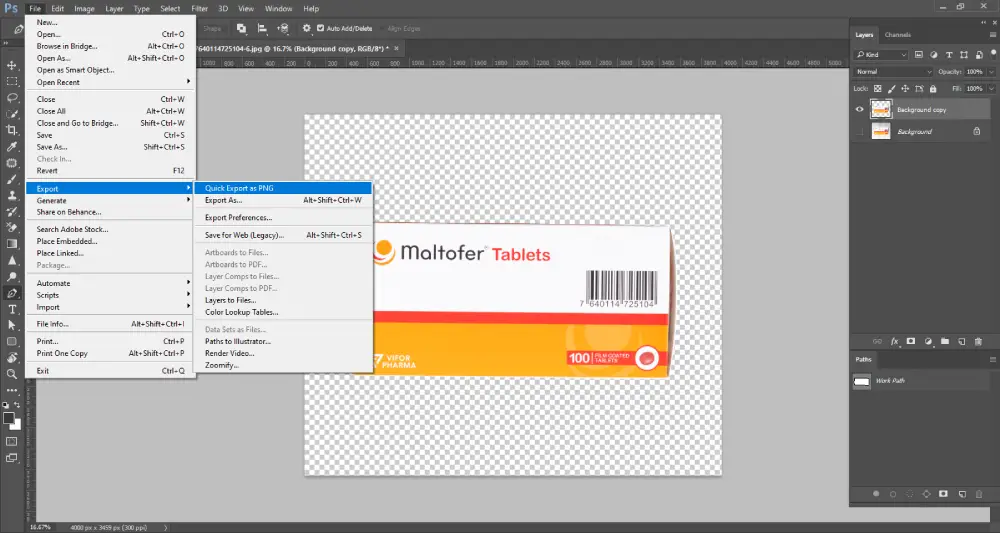 A Photoshop screenshot displays a white and orange box of "Maltofer Tablets" with a barcode, isolated on a transparent background. A dropdown menu is open from the "File" menu, with "Export" highlighted. A sub-menu to the right of "Export" is also open, with "Quick Export as PNG" highlighted. The "Paths" panel on the right shows "Work Path" listed, and the layers panel shows "Background copy" and "Background" layers