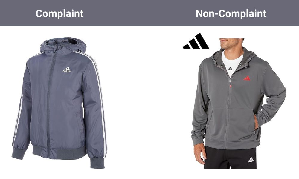 Split image showing "Complaint" (blue-gray Adidas jacket on white) and "Non-Complaint" (person wearing gray Adidas hoodie) amazon product image examples
