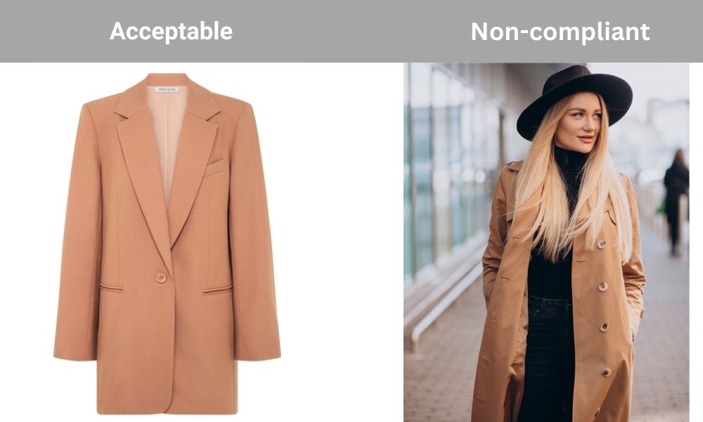 Split image showing "Acceptable" (tan blazer on white background) and "Non-compliant" (woman in tan trench coat outdoors) amazon product image examples