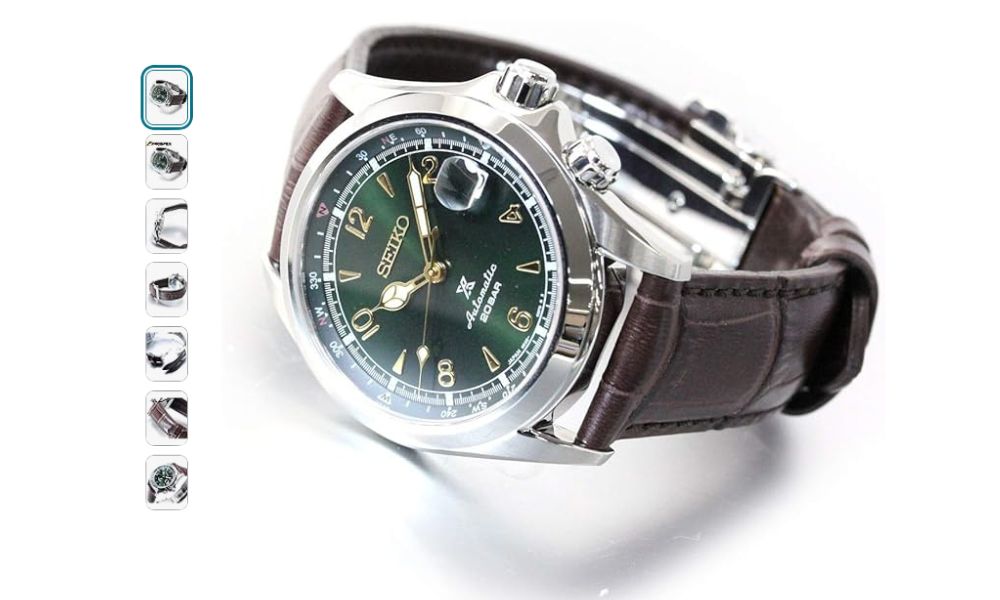 Seiko Prospex Alpinist watch with green dial, gold markers, and brown leather strap