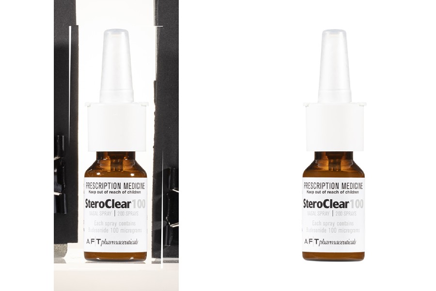 Side-by-side comparison of a "SteroClear 100" nasal spray bottle: original in-studio shot on left, background removed and retouched on white on right