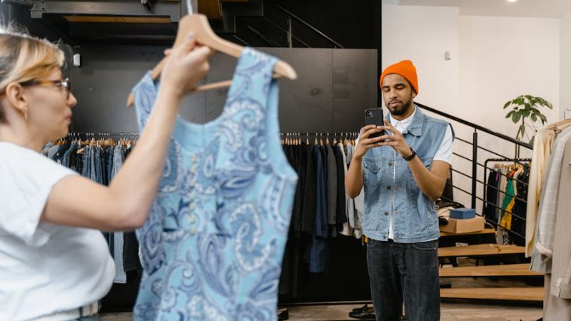 A person holds up a blue patterned top on a hanger while another person in an orange beanie photographs it with a smartphone in a clothing store