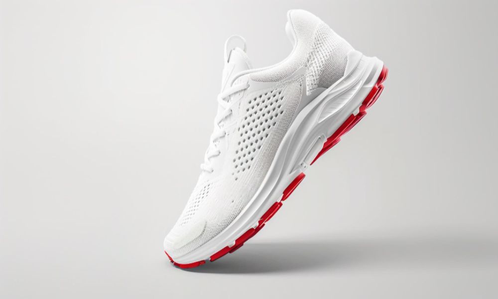 A pristine white sneaker with a textured upper, white laces, and a vibrant red sole, appears to be floating against a clean white background
