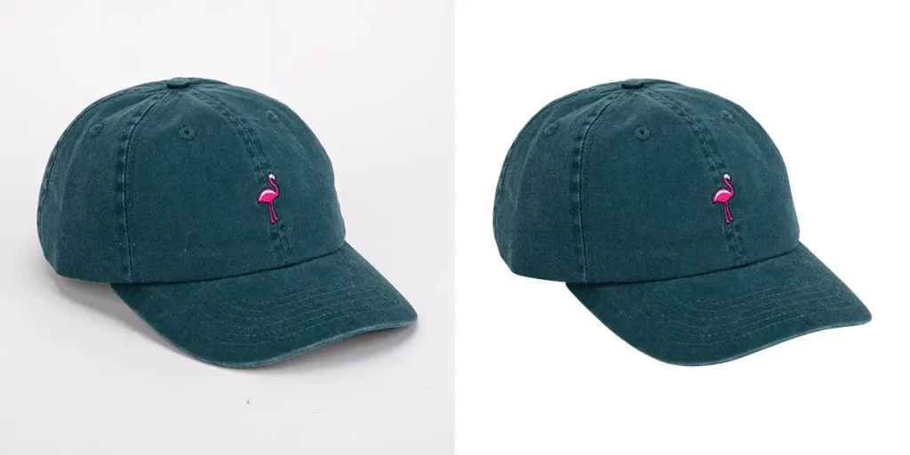 A "before and after" image shows a dark teal baseball cap with a pink flamingo embroidered on the front. The "before" on the left shows the cap on a light gray surface with a shadow, while the "after" on the right shows the cap precisely cut out against a pure white background