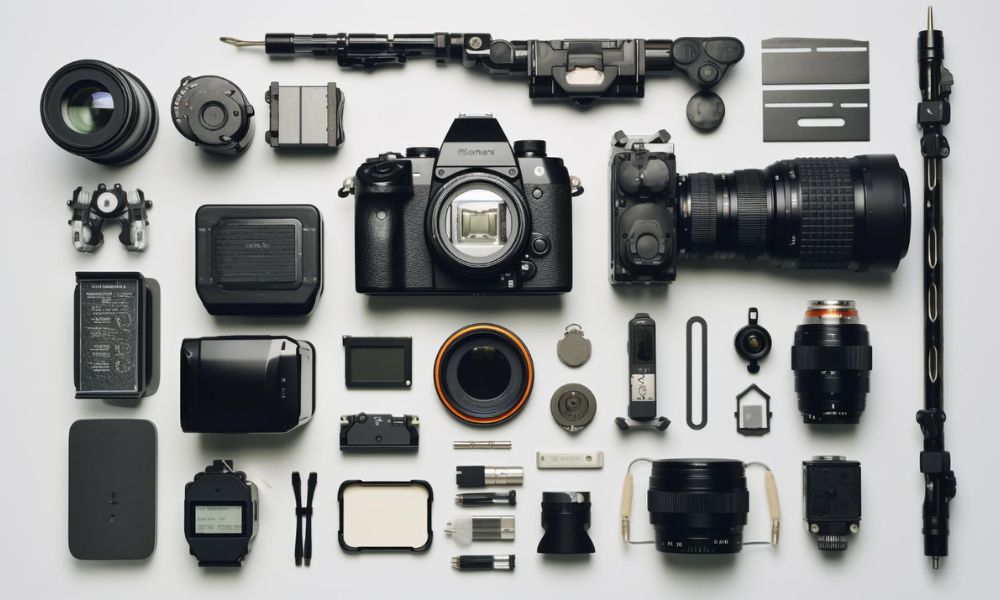 A flat lay of various photography equipment on a white background, including multiple camera bodies, lenses, battery packs, flashes, and light stands, all neatly arranged
