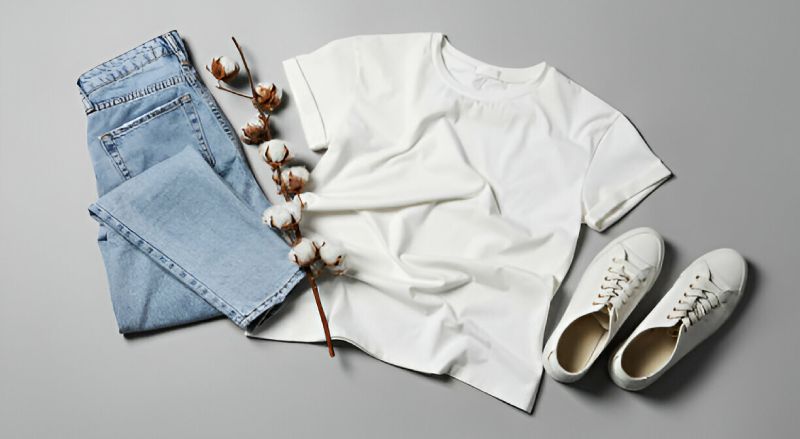 Flat lay photo of casual clothing including a plain white t-shirt, light blue jeans, and white sneakers, styled with cotton branches on a gray background