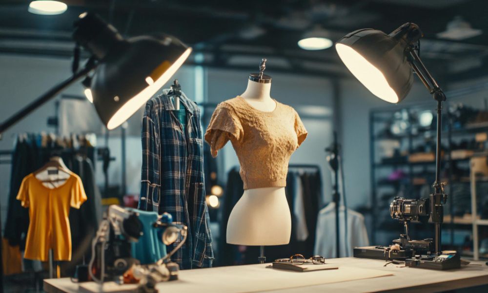 A studio setup featuring a ghost mannequin displaying a textured golden crop top with short sleeves. Two large black studio lights illuminate the scene from either side, with other clothing racks and equipment blurred in the background