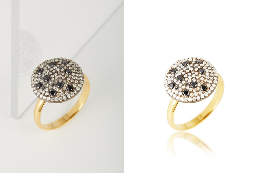 Side-by-side comparison of a gold ring with a pave-set disc top: original on light gray background and retouched on white