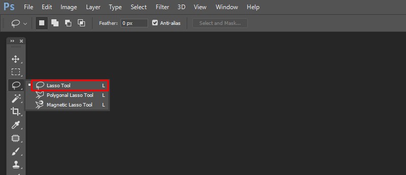 Screenshot of Adobe Photoshop with the Lasso Tool selected in the toolbar