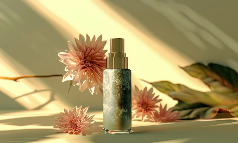 A tall, cylindrical spray bottle with a metallic top and a textured, greenish-grey body stands among several light pink dahlia-like flowers and green leaves, all bathed in dappled sunlight against a light background