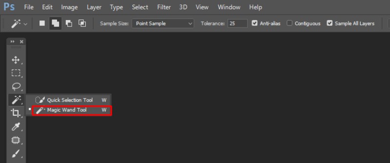 Screenshot of Adobe Photoshop showing the Magic Wand Tool selected from the toolbar