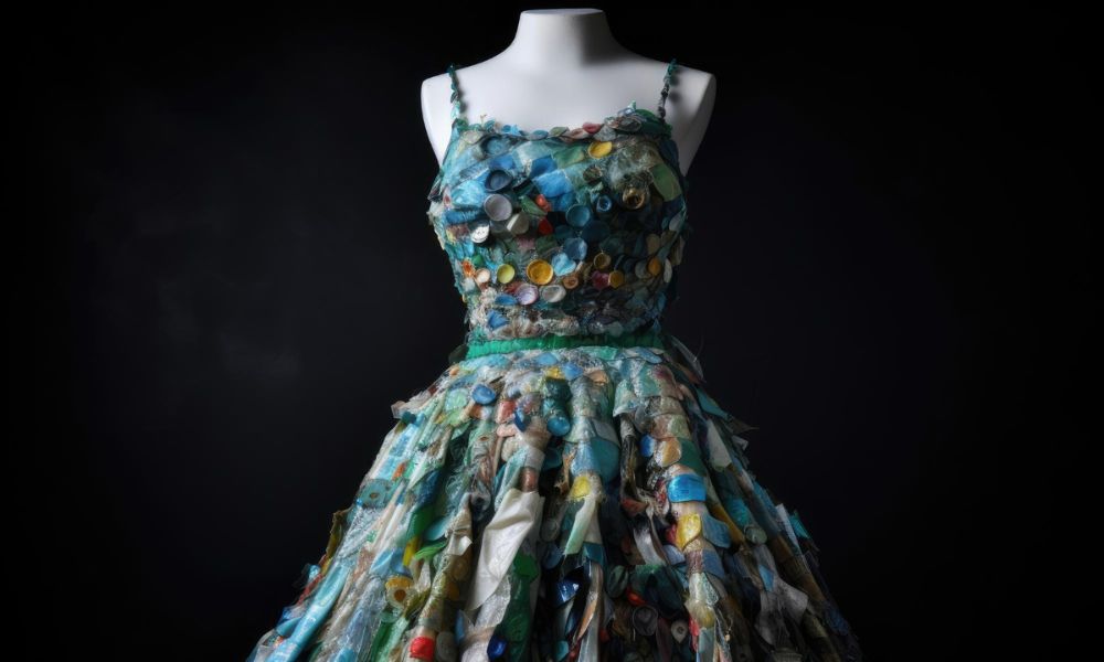 A sleeveless dress, seemingly made from an assortment of colorful plastic bottle caps and other recycled materials in shades of blue, green, yellow, and red, is displayed on a white mannequin against a dark background