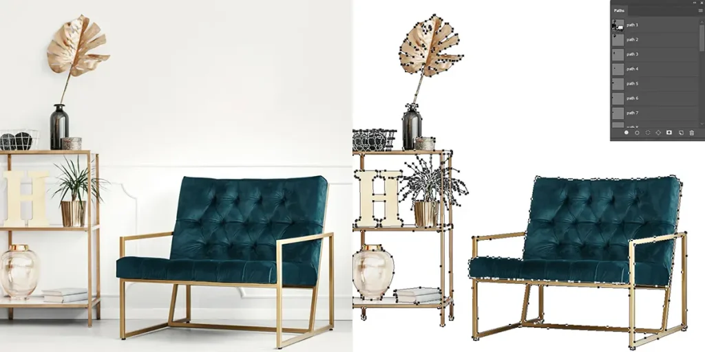 A "before and after" image shows a living room scene with a dark teal armchair, a small gold-framed bookshelf holding decor items including a large gold leaf, and a plant. The "before" image is on the left, and the "after" image on the right shows the same objects with a clipping path outlining each one, indicating background removal