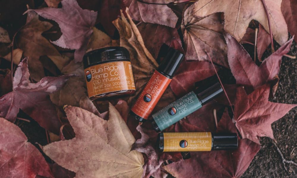 A flat lay of four "Blue Ridge Hemp Co. CBD" products on a bed of red and orange autumn leaves. One is a jar of "CBD Infused Hemp Co." balm, and the other three are colorful roll-on bottles (orange, teal, and yellow)