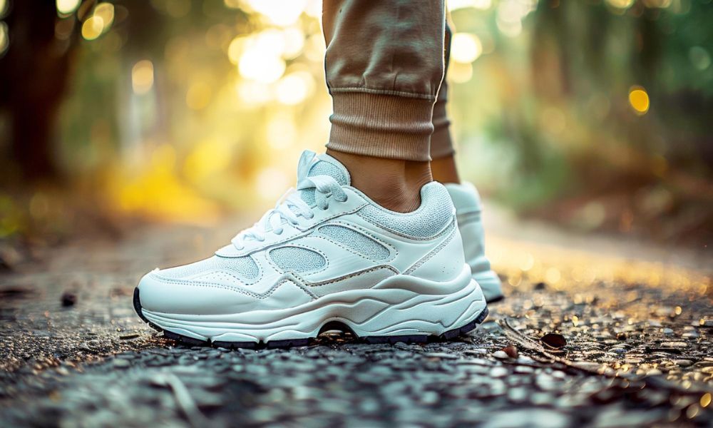 A pair of white athletic shoes with black soles are seen from a low angle, standing on a textured outdoor path. The background is a blurred, sunlit forest creating a warm bokeh effect