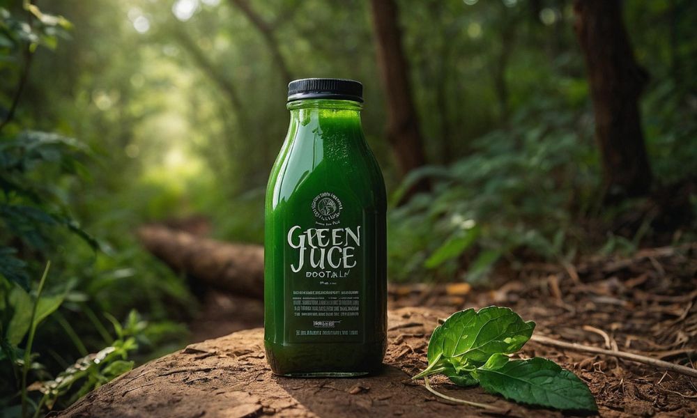 A close-up packshot of a "Green Juice Dootalk" bottle with a black cap, standing on a textured surface, possibly a tree root or rock, against a blurred lush green forest background. A green leaf lies next to the bottle